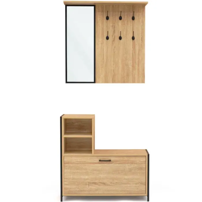Vestiaire d’entrée avec miroir et range-chaussures style industriel
