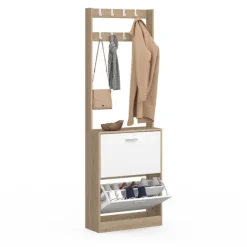 Vestiaire d’entrée meuble à chaussures 2 portes effet bois et blanc