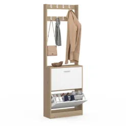 Vestiaire d’entrée meuble à chaussures 2 portes effet bois et blanc
