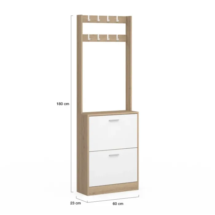 Vestiaire d’entrée meuble à chaussures 2 portes effet bois et blanc
