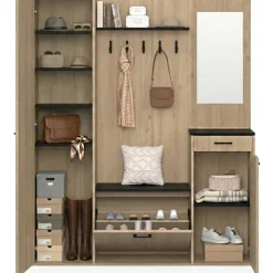 Vestiaire d'entrée rangement chaussures avec miroir et étagères MAHAUT XXL maxi capacité effet bois et noir