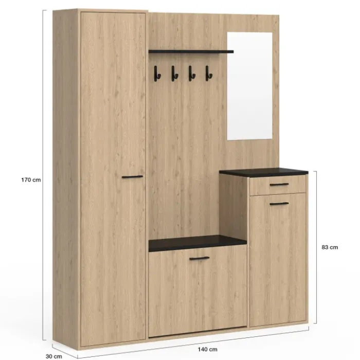 Vestiaire d'entrée rangement chaussures avec miroir et étagères MAHAUT XXL maxi capacité effet bois et noir