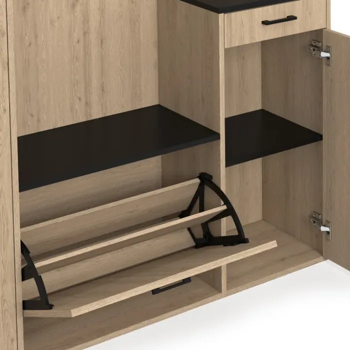 Vestiaire d'entrée rangement chaussures avec miroir et étagères MAHAUT XXL maxi capacité effet bois et noir