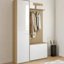 Vestiaire d'entrée rangement chaussures avec miroir et étagères 1 porte effet bois et noir