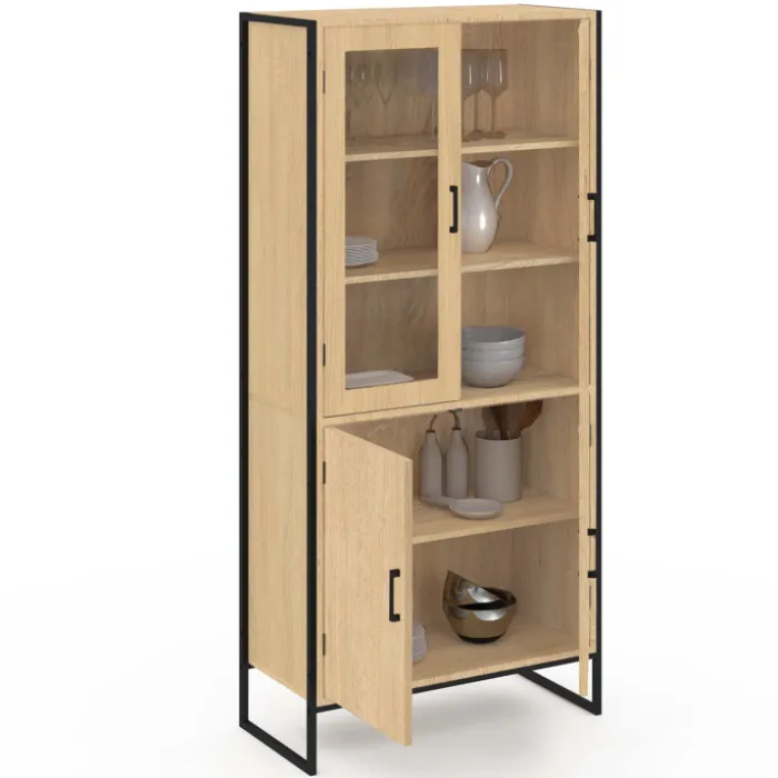 Vitrine buffet haut industriel 176 cm avec portes et étagères
