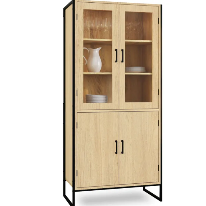 Vitrine buffet haut industriel 176 cm avec portes et étagères
